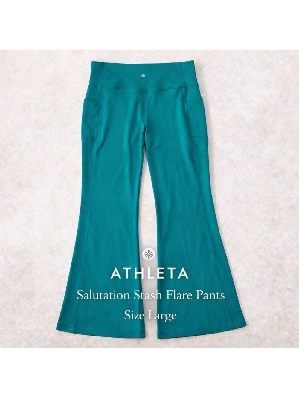 Athleta Salutation Leggings Stash Flare Teal Yoga Pants Pocket High Rise Large - Picture 10 of 11